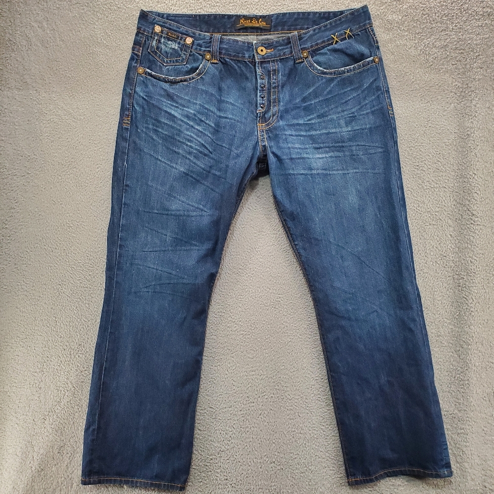 Rivet De Cru Jeans Mens 44x33.5 Straight Leg Button Fly Embellished Medium Wash